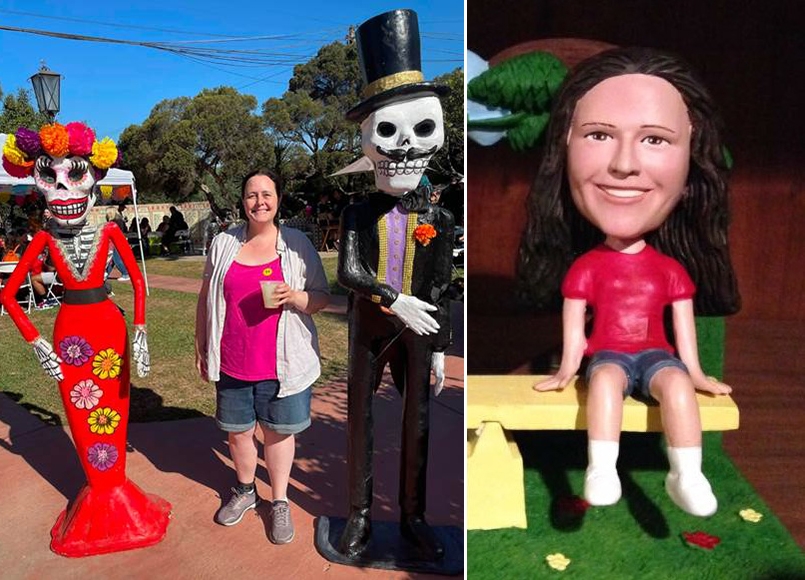 Becky at Day of Dead Festival and bobble head figure of her